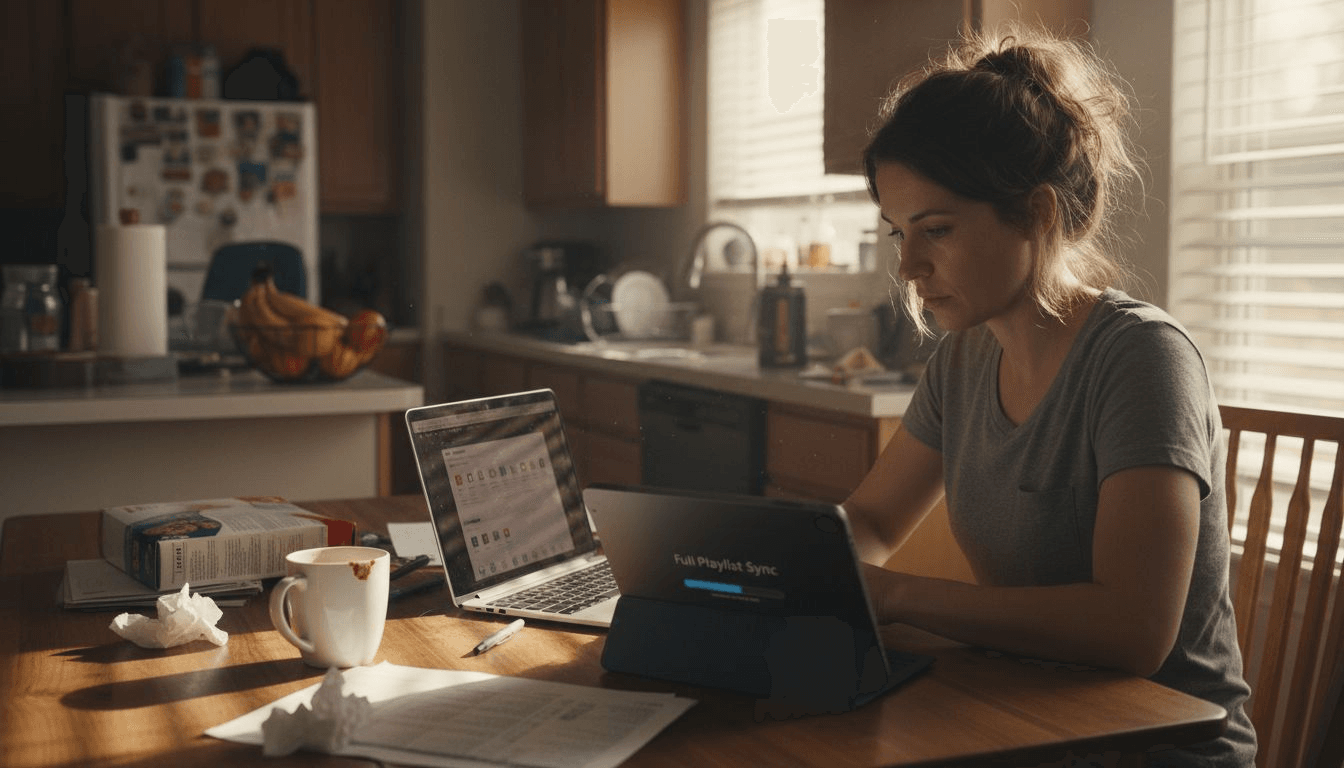 Woman syncing playlist across devices