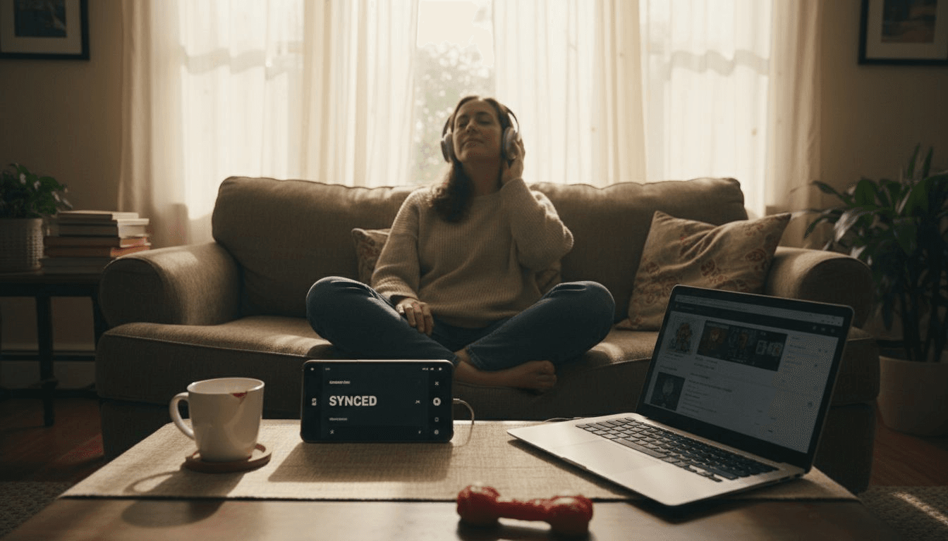 Woman enjoying synced playlists on devices