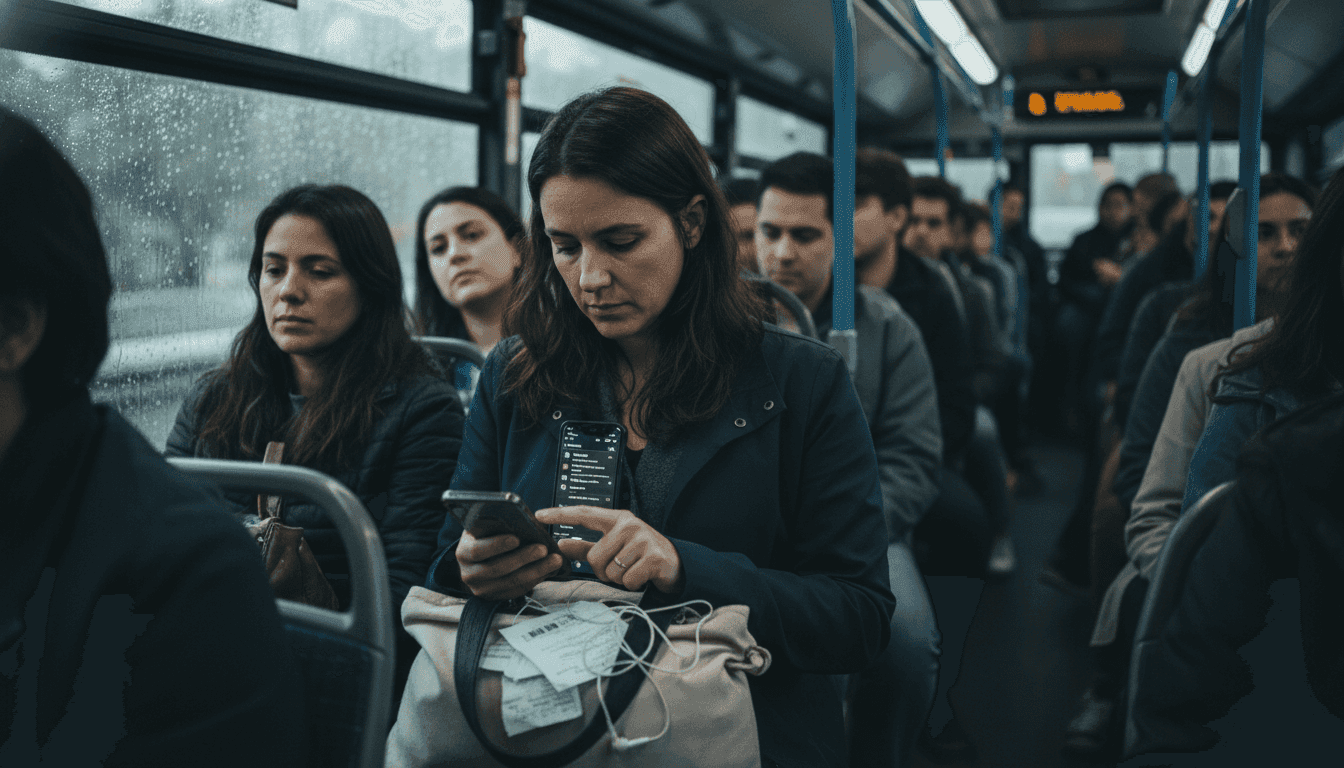 Woman transferring playlists during commute