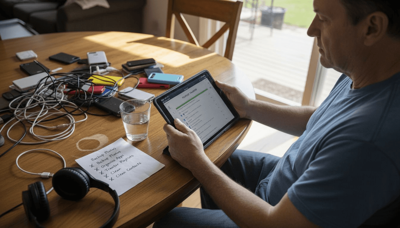 User transferring music playlist on tablet at messy table