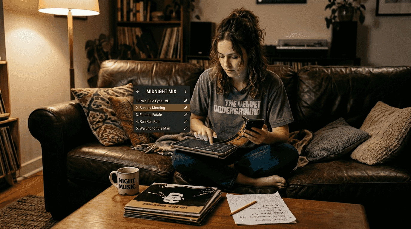 Woman sequences playlist tracks on tablet