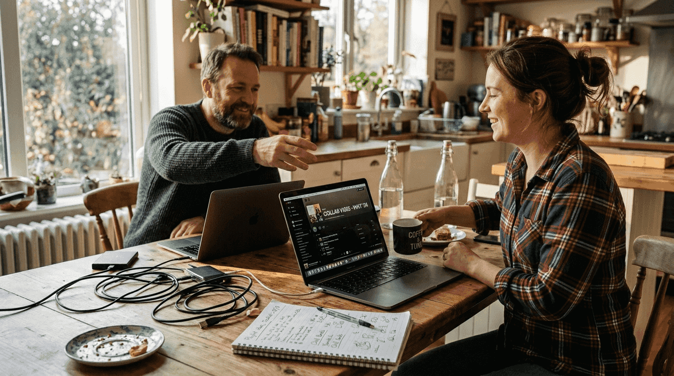 Two people managing playlists at kitchen table