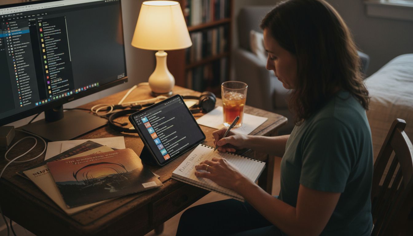 Woman organizing playlists at desk