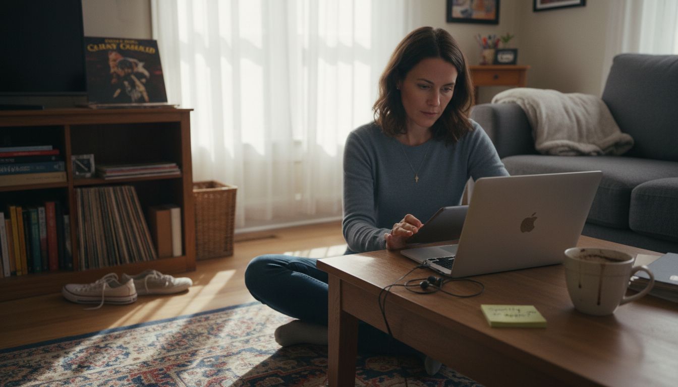 Woman starting playlist transfer with devices