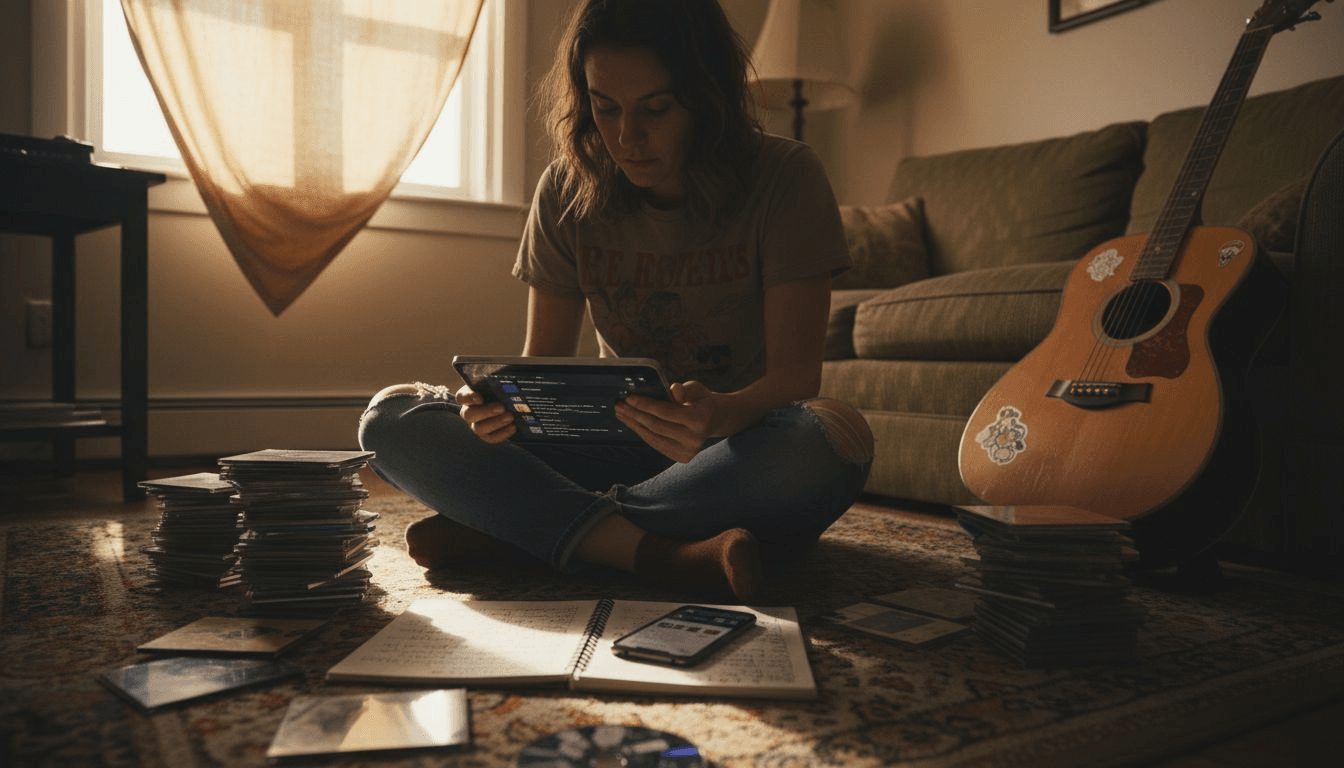 Woman organizing playlists on tablet at home