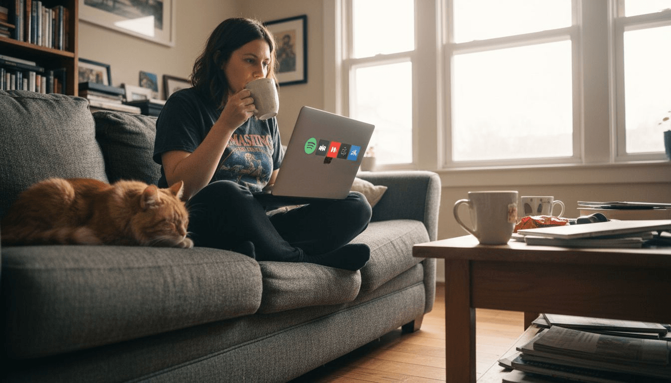 Woman comparing music services on laptop