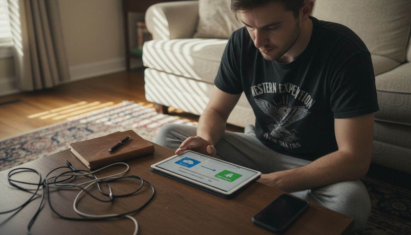 Man transferring playlists on tablet in living room