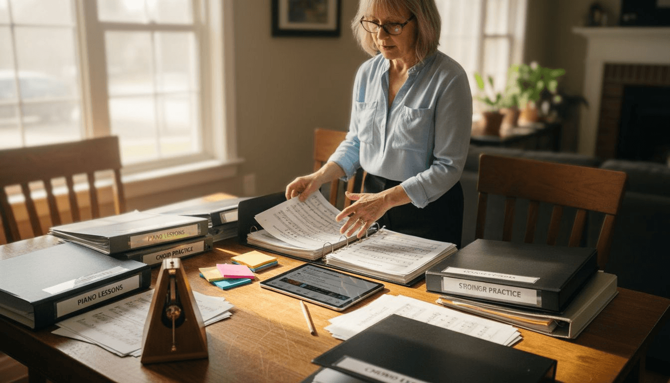 Music teacher sorting sheet music on table