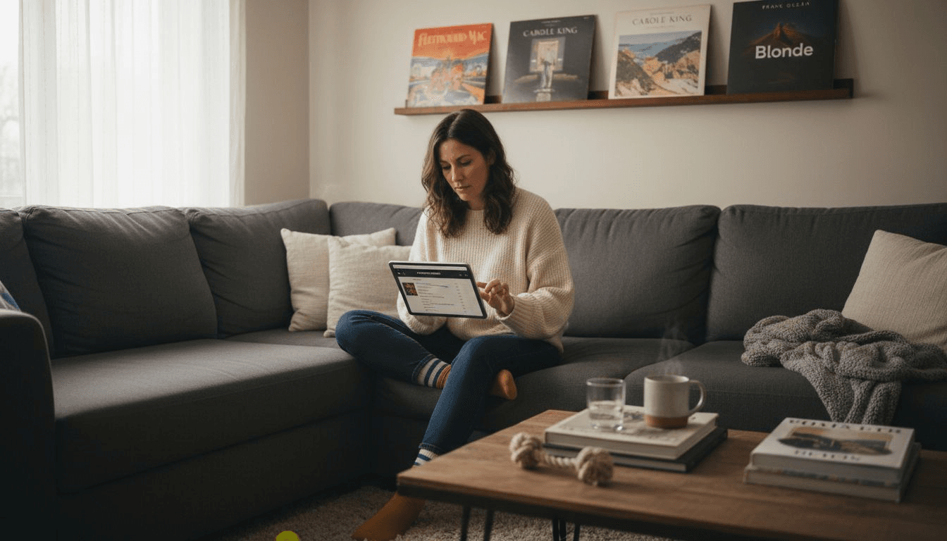 Woman curating playlist on tablet at home