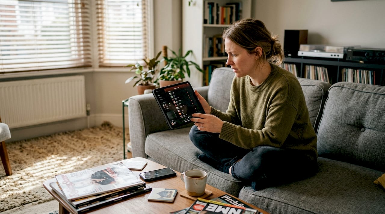 Woman viewing missing music tracks on tablet
