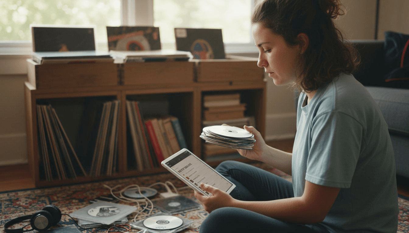Woman transitioning from CDs to digital playlists