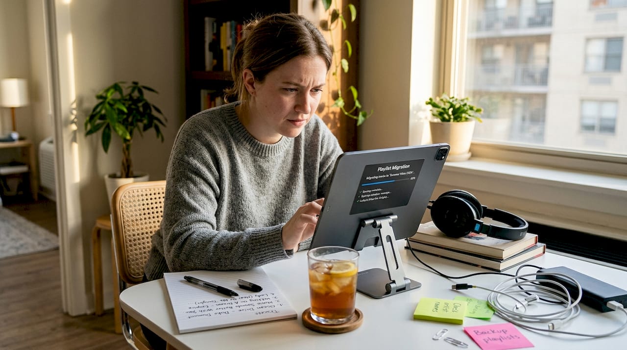Woman reviews music migration for errors at home