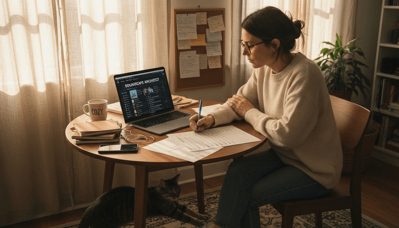 Woman planning playlist with track notes