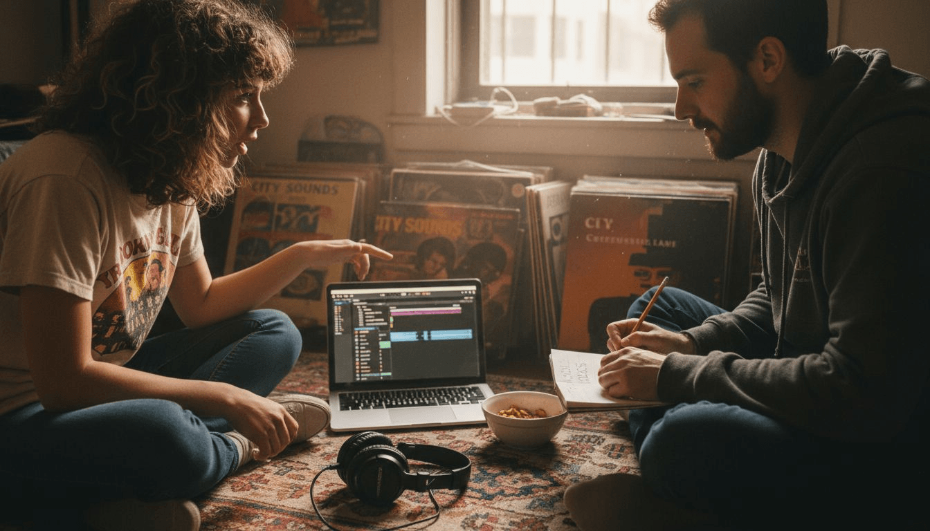 Friends collaborating on playlist selection