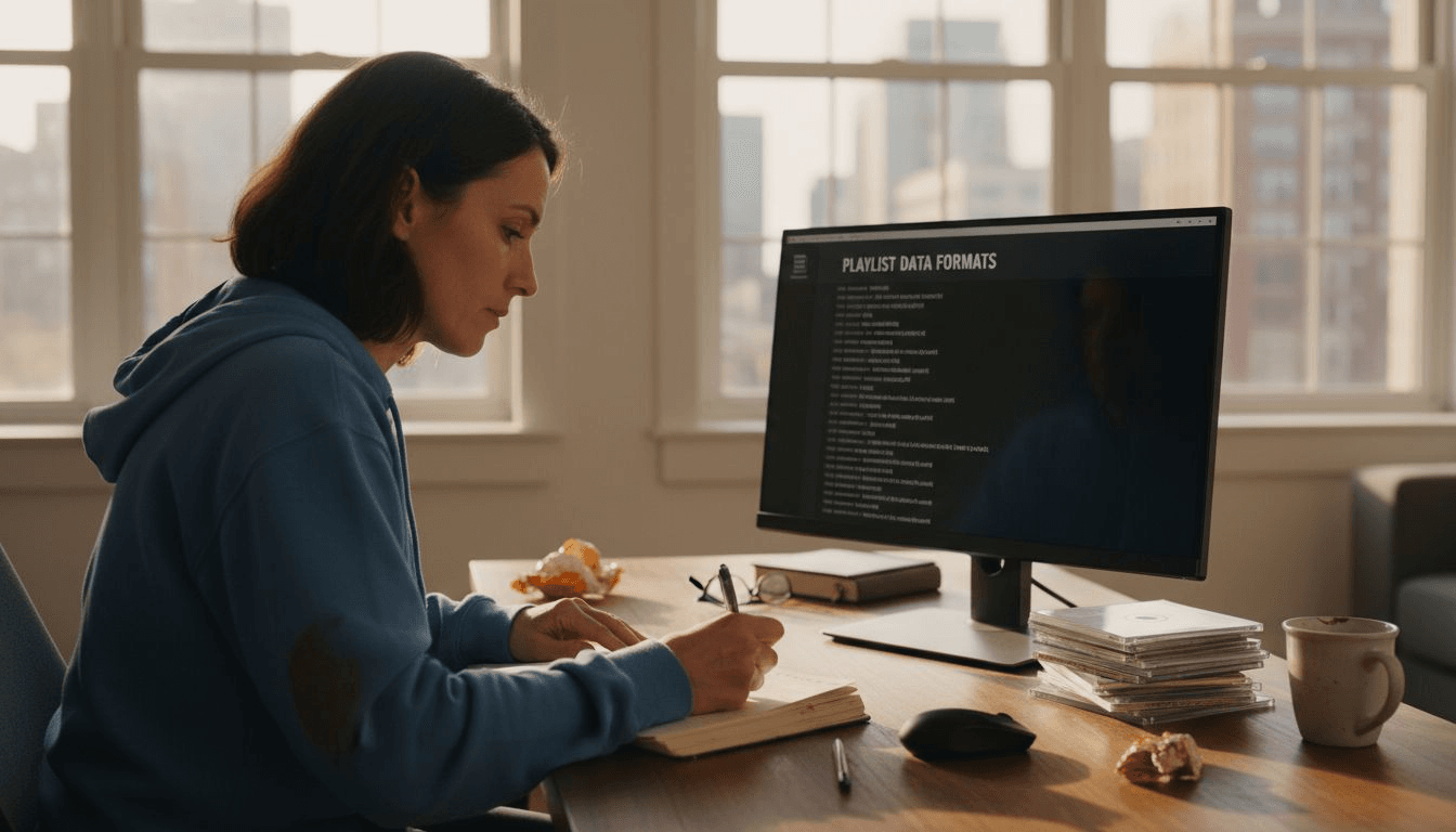 Woman working with playlist files at desk