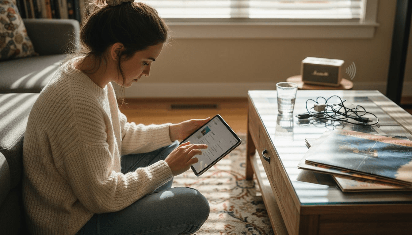 Woman organizing playlists on multiple devices