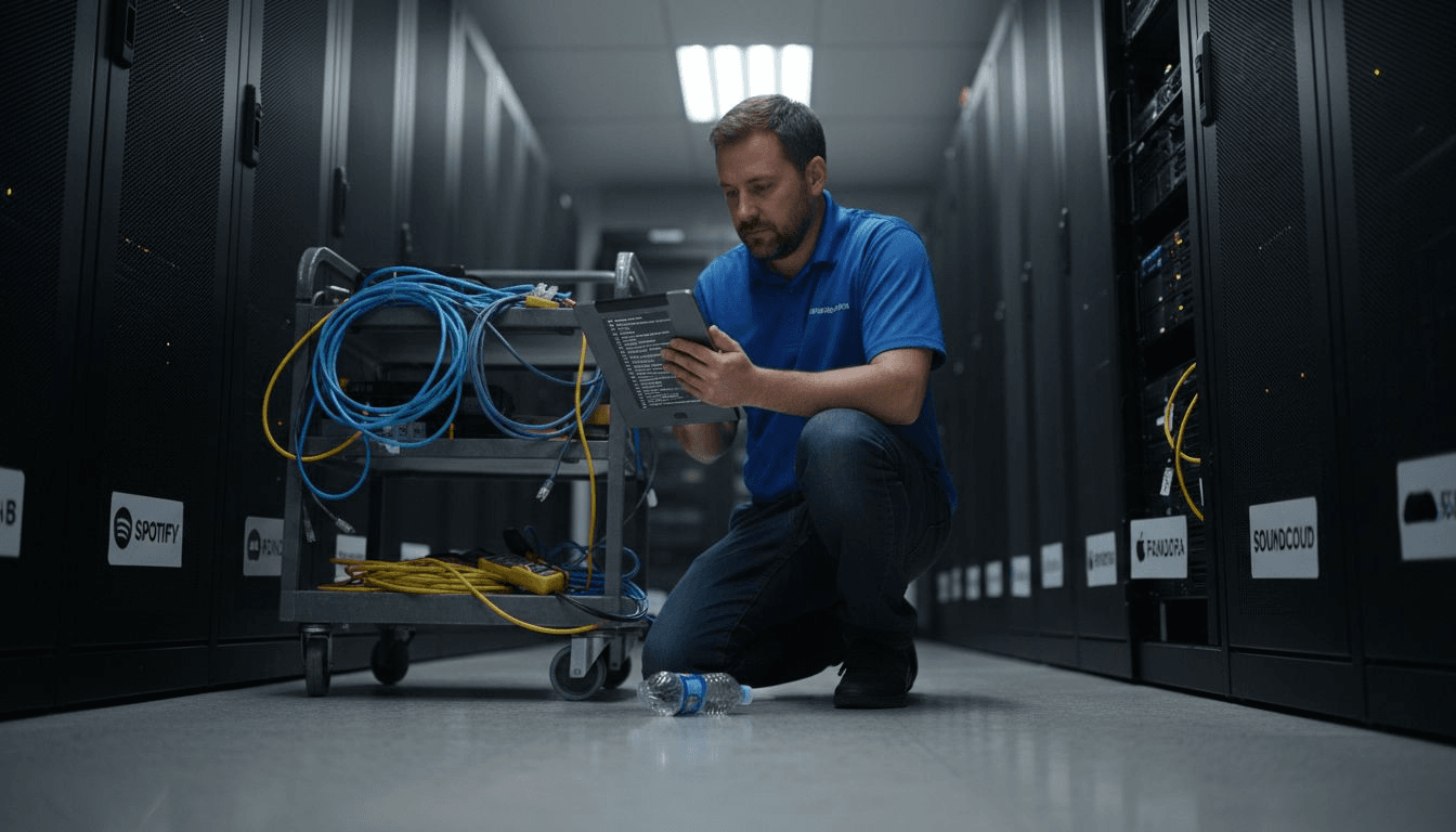 Technician monitoring music playlist transfer servers