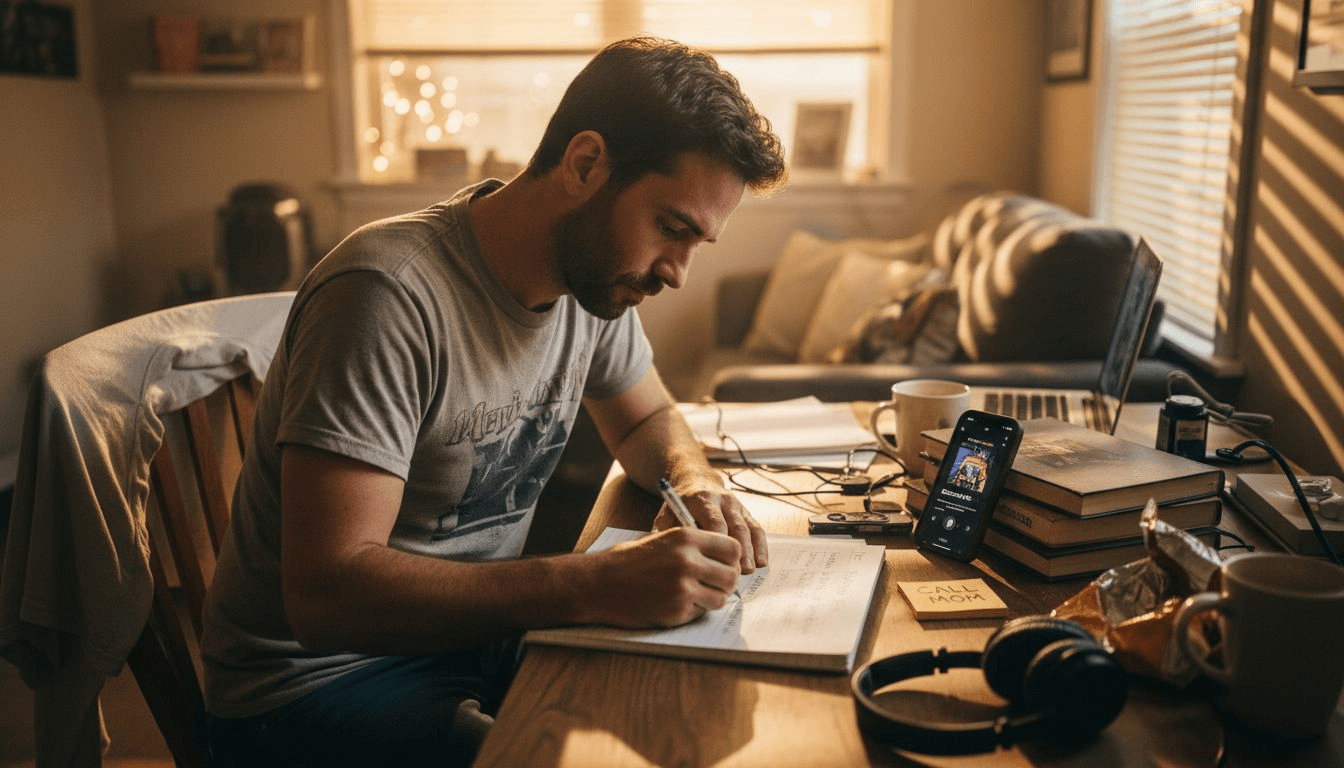 Man reviewing playlist metadata at cluttered desk