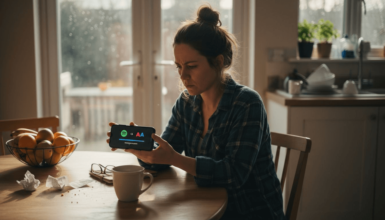 Woman migrating playlists on phone in kitchen
