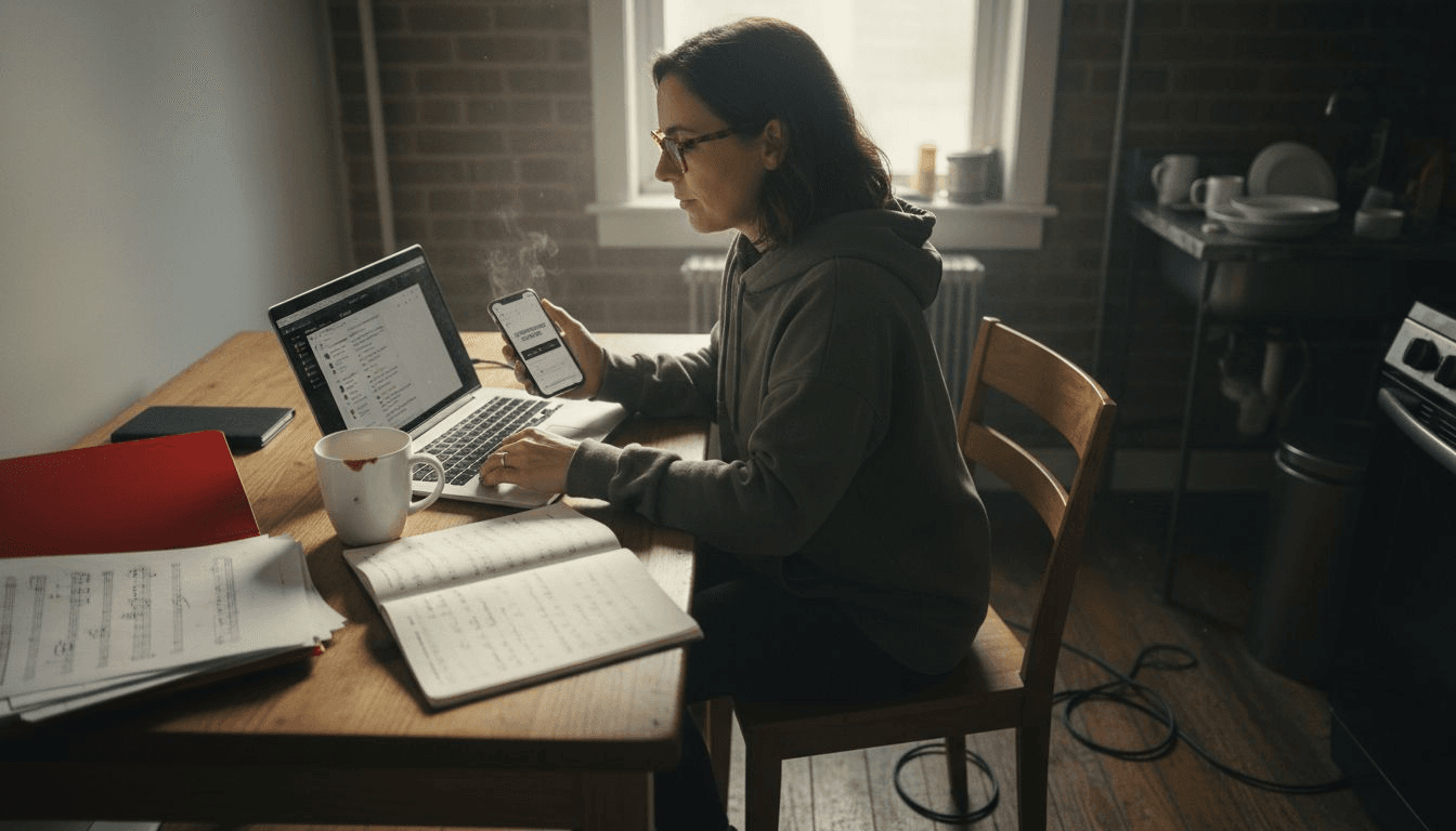 Woman reviewing playlist sync on laptop and phone