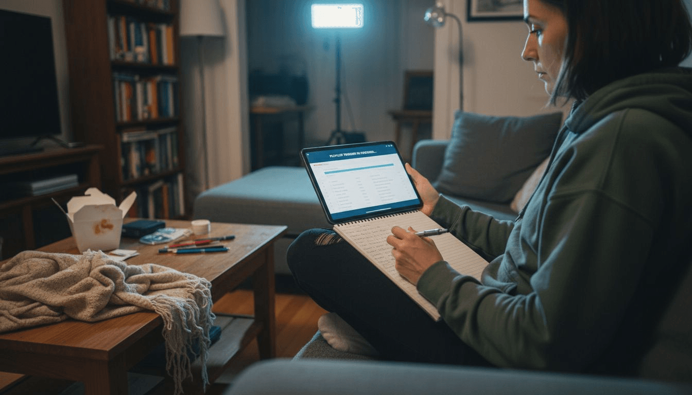 Woman cross-checking playlist migration details