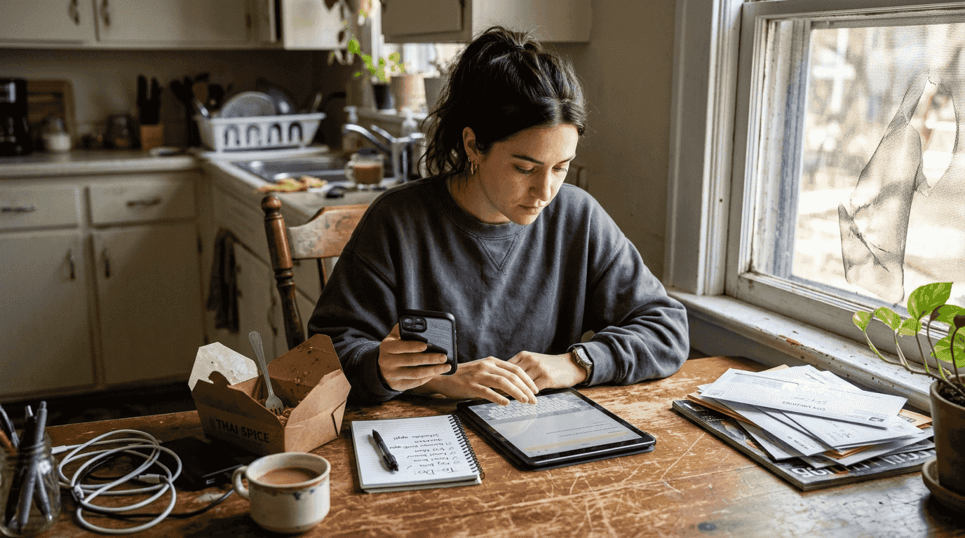 Woman multitasking playlist transfer with two devices