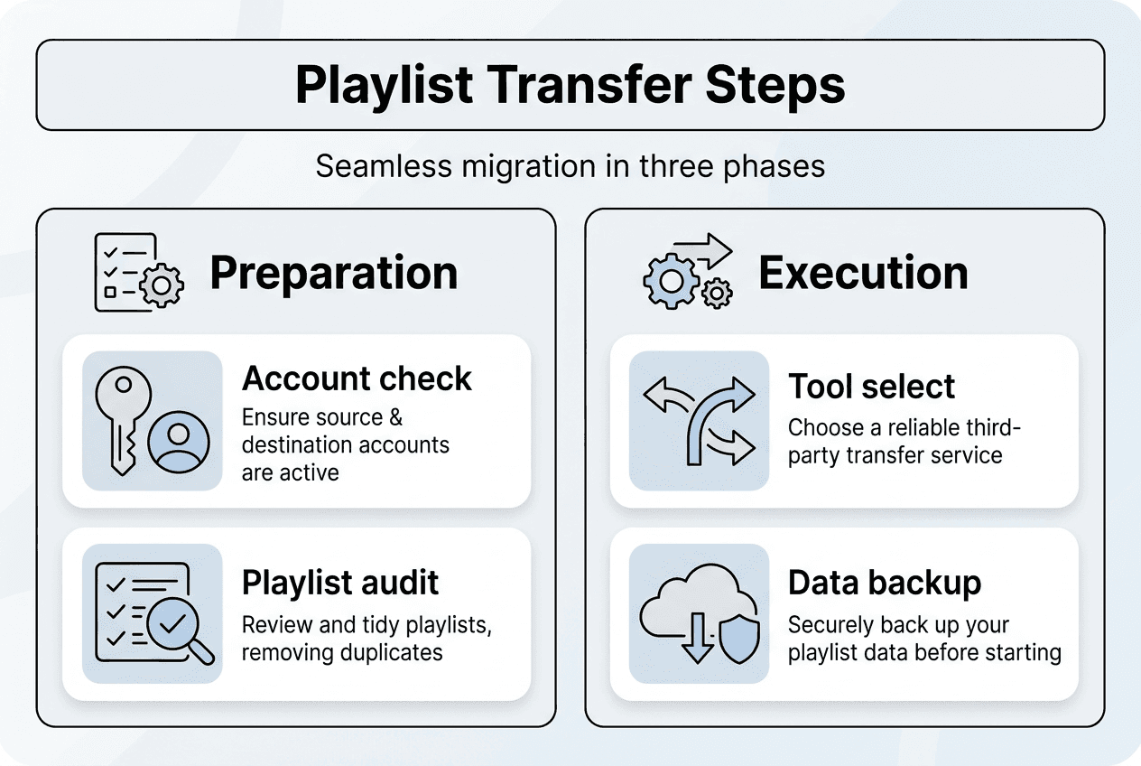 Infographic showing playlist transfer steps and categories