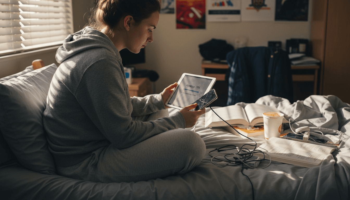 Student transferring streaming playlists on tablet