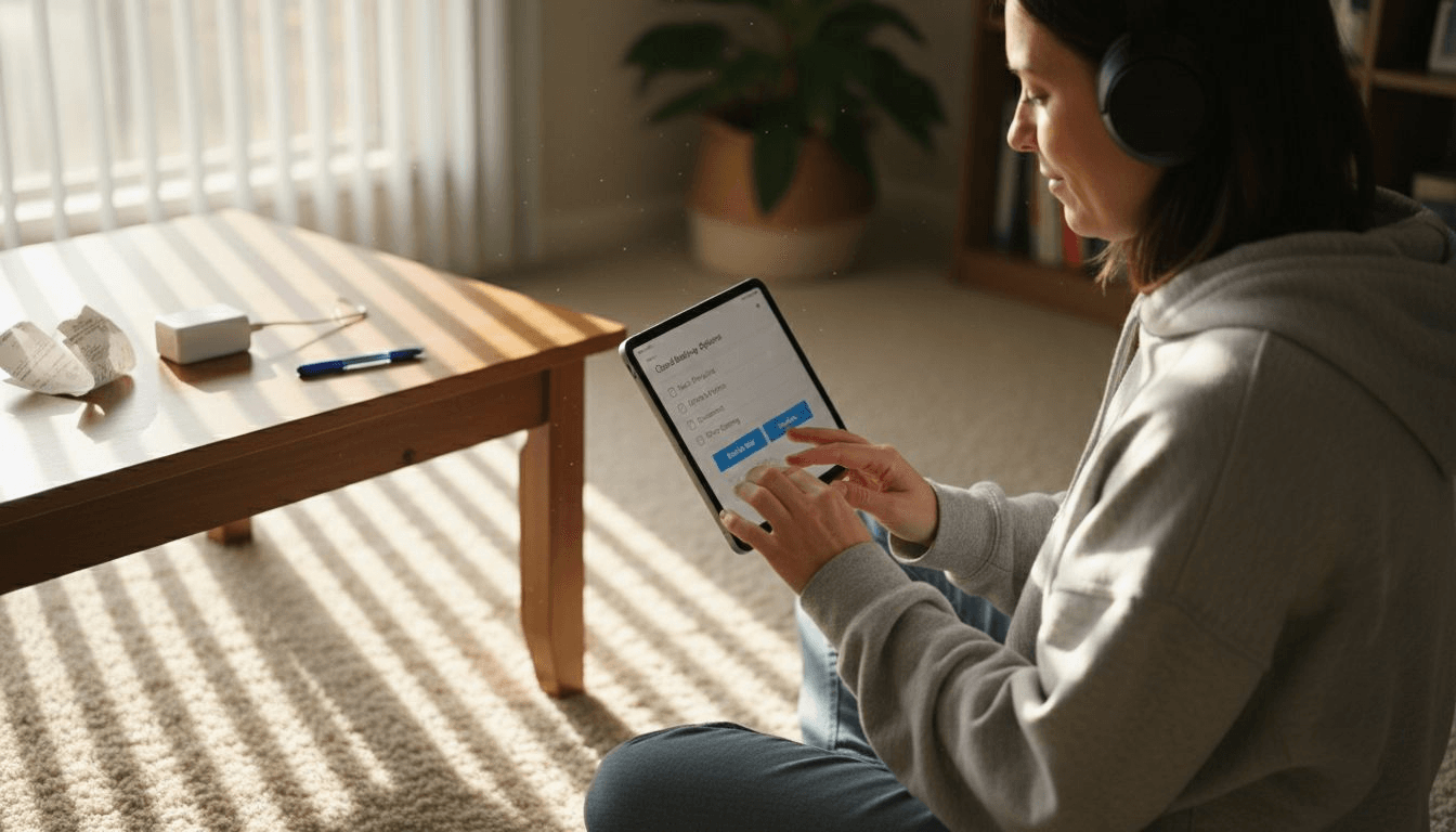 Woman configuring playlist cloud backup on tablet