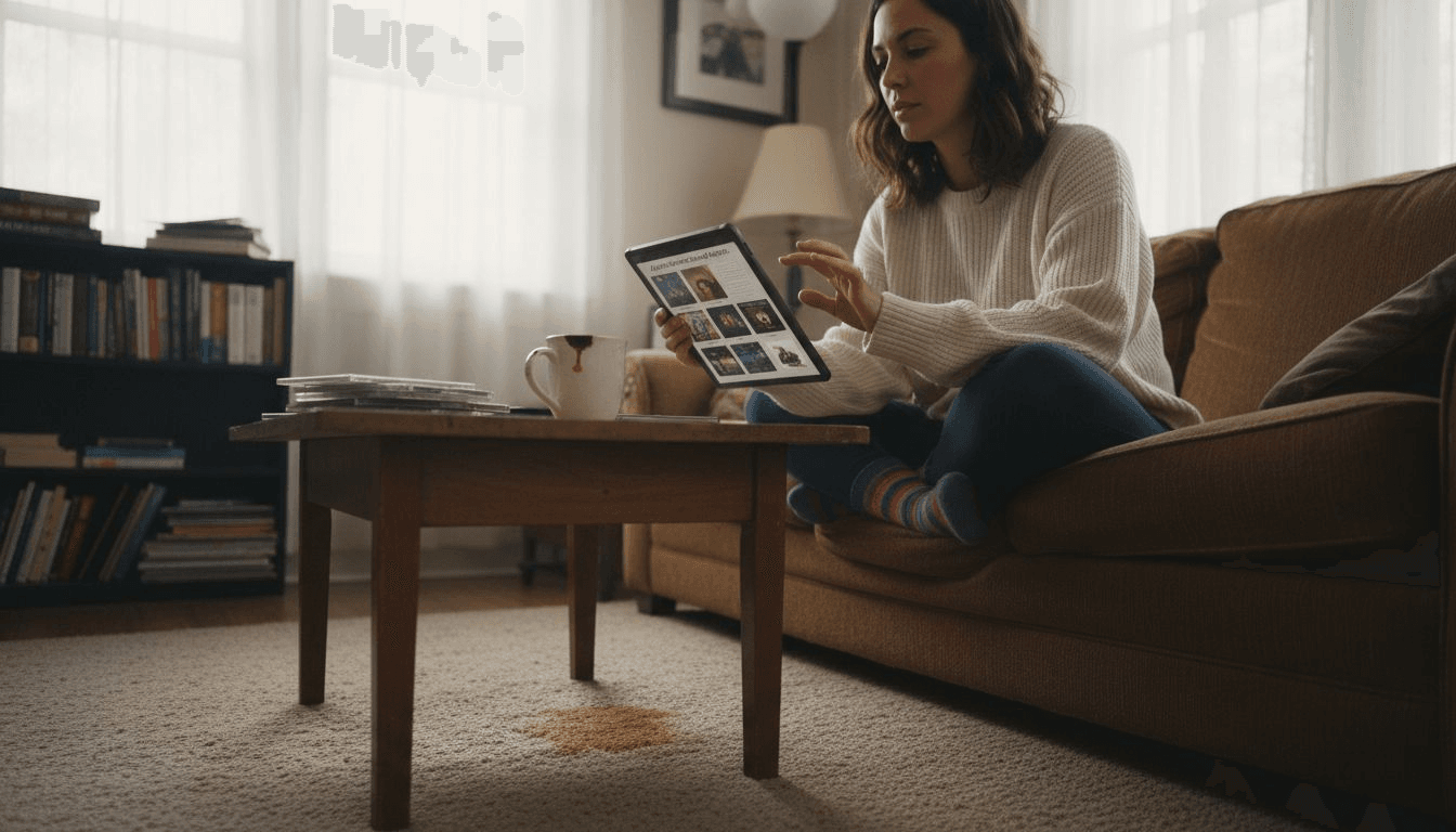 Woman browsing algorithm-driven playlists on tablet