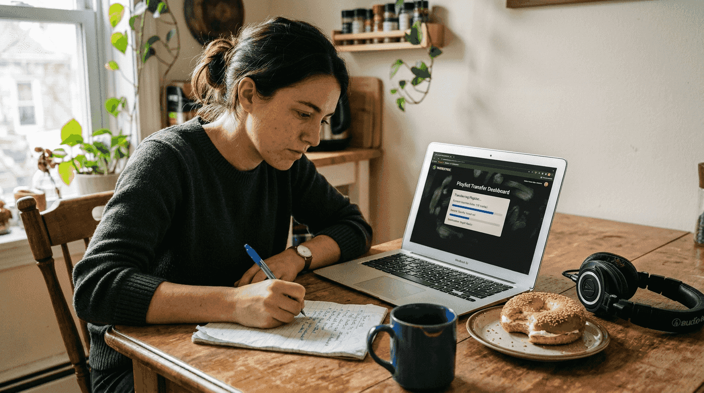 User preparing playlist migration on laptop