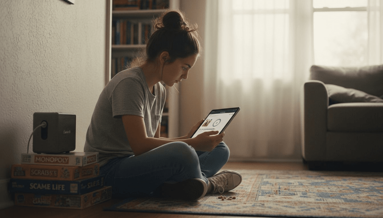 Teen installing music app in living room