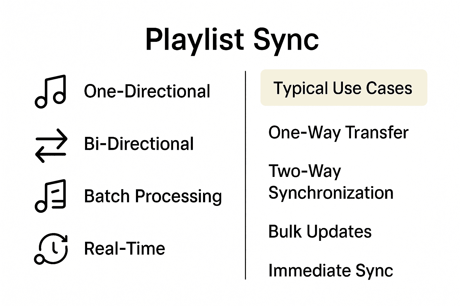 Infographic comparing four playlist synchronization methods with icons and brief use cases.