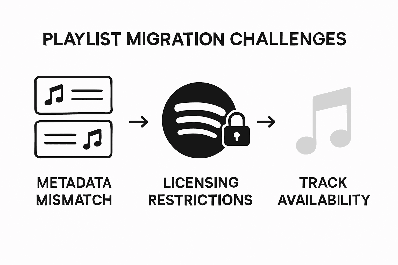 Infographic comparing playlist migration challenges: metadata mismatch, licensing, and availability