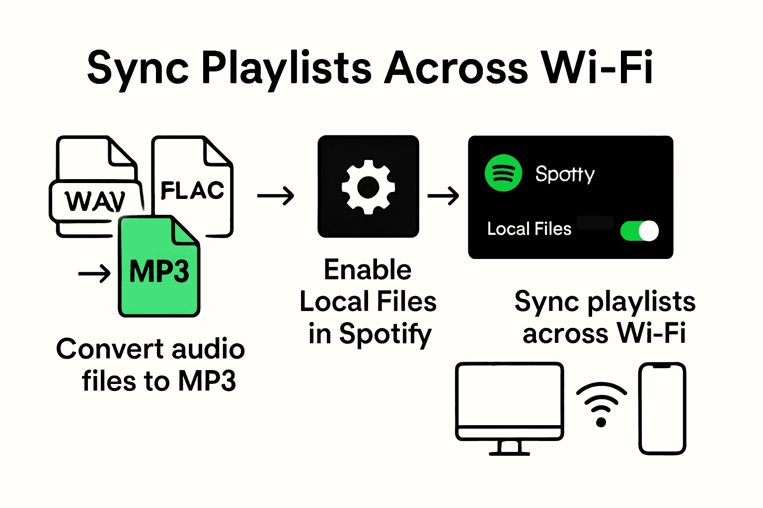 Infographic showing steps to prepare, import, and sync MP3 files in Spotify