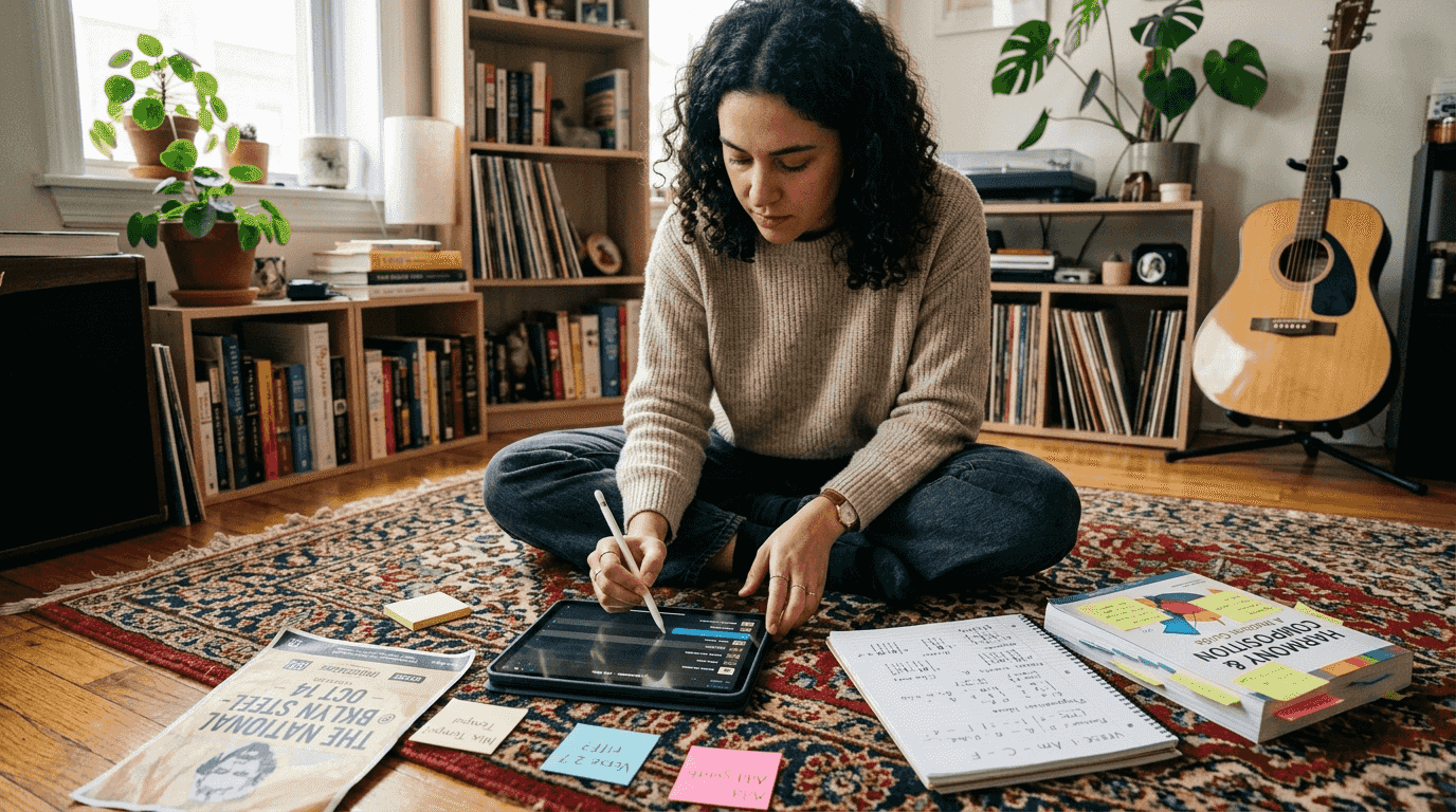 Curator arranging playlist sequence on tablet
