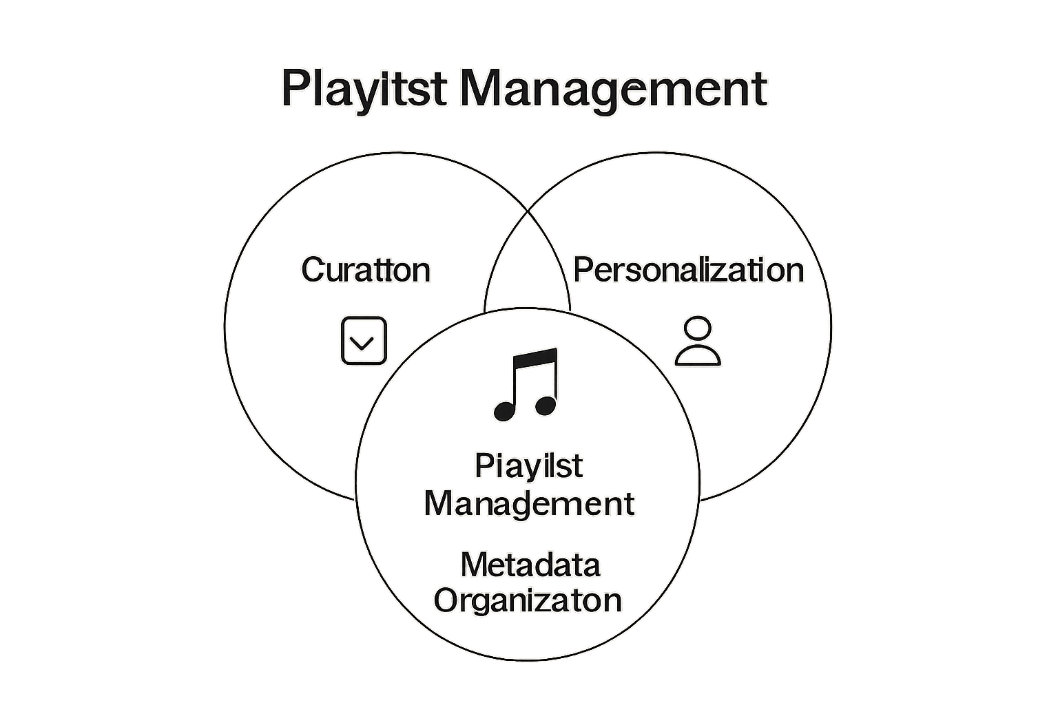 Infographic showing three elements of playlist management: curation, metadata organization, personalization