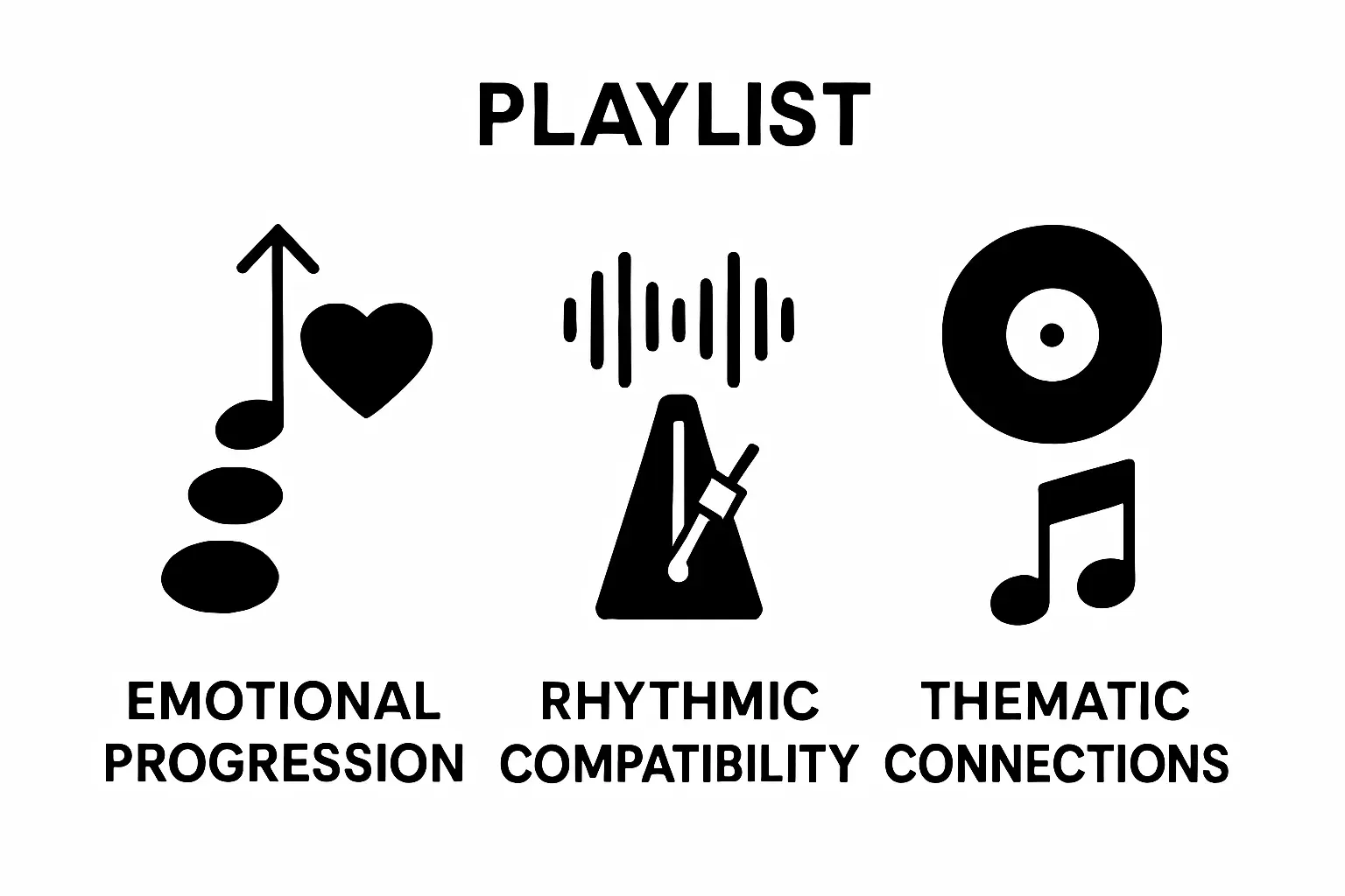Infographic shows three playlist ordering principles as simple icons: emotion, rhythm, theme.