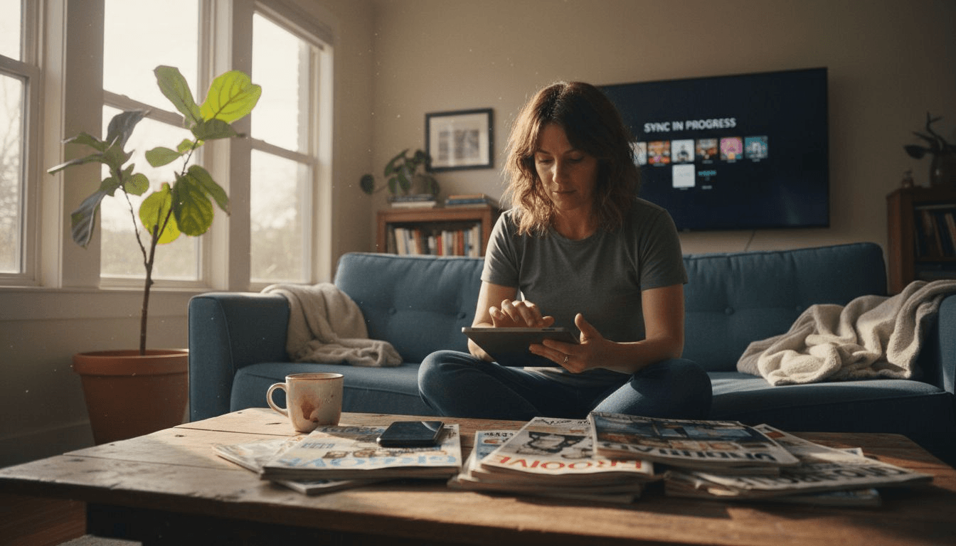 Woman transferring playlists in living room