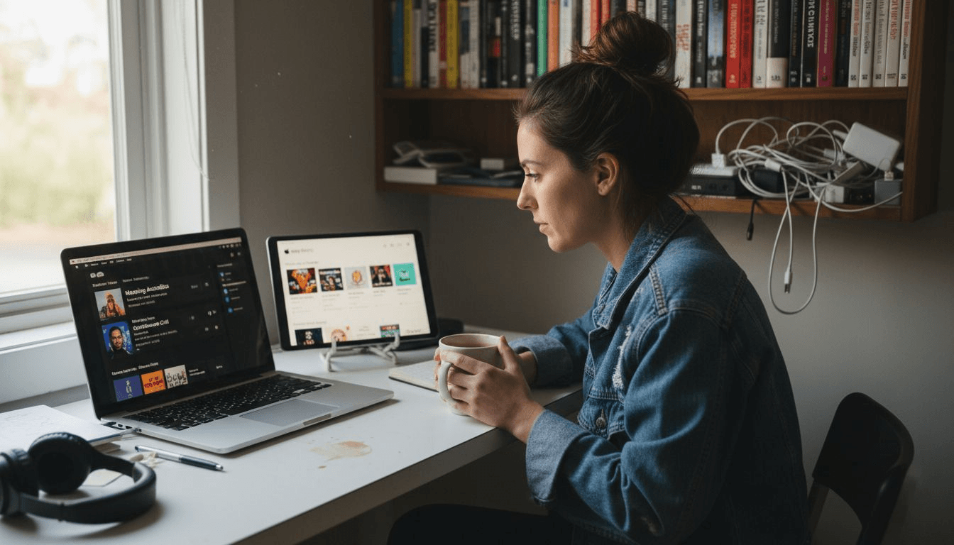 Woman comparing music catalogs on laptop and tablet