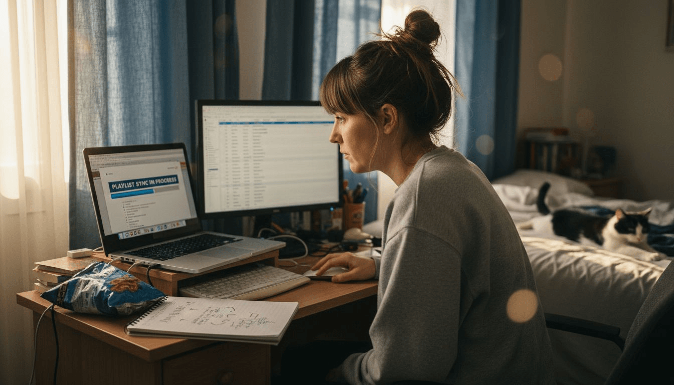 Woman syncing playlists on laptop in bedroom