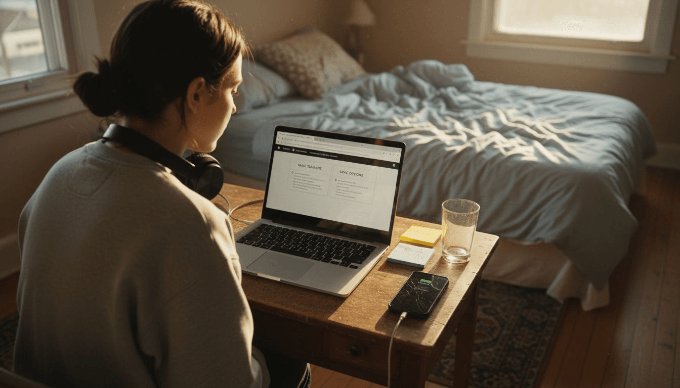 Woman comparing music migration services at bedroom desk