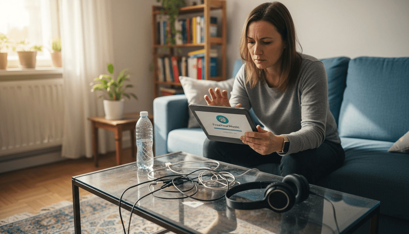 Woman installing music transfer app on tablet